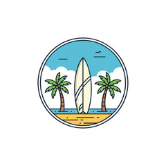 Tropical Beach Surfboard and Palm Tree Circle Illustration - Summer Vacation Emblem with Ocean and Sky, Flat Vector Elements, Vector Illustration, Simple Vector, Stylized Vector Drawing, Vector