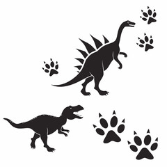 Dinosaur silhouettes with paw prints on white background