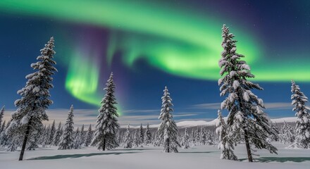 Majestic Aurora Borealis Dances Above Snow-Covered Pine Forest Under Starry Night Sky