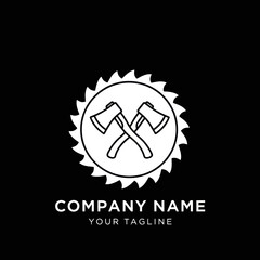 Lumberjack and Woodworking Company Logo with Crossed Axes and Saw Blade Design, Monochromatic Business Branding Icon, Flat Vector Elements, Vector Illustration, Simple Vector, Stylized Vector