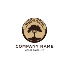 Woodworking Company Logo Template with Stylized Tree Silhouette, Circular Design, and Customizable Text on White Background, Flat Vector Elements, Vector Illustration, Simple Vector, Stylized Vector