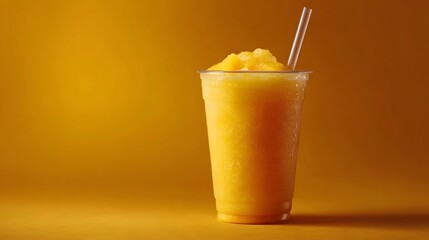 A vibrant yellow frozen drink with froth and a straw in a clear cup set against a warm gradient background