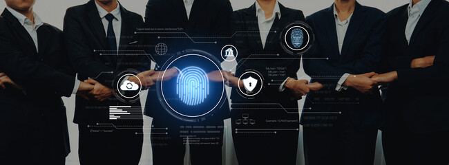 Group of business professionals in suits demonstrating partnership and collaboration with digital fingerprint overlay symbolizing security in modern work environments. Trope