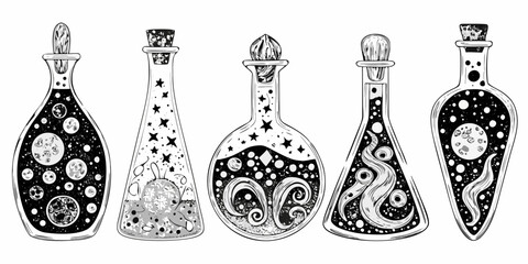 Collection of five whimsical black and white potion bottles filled with celestial and magical elements