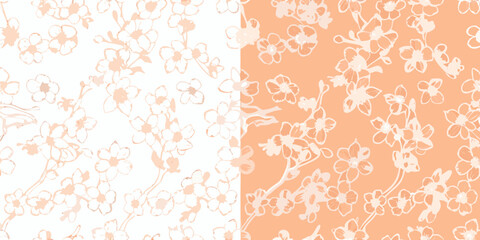 Delicate peach blossom branches pattern on white and peach background
