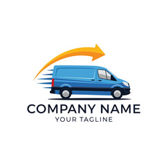 Modern Blue Delivery Van Logo with Yellow Arrow and Speed Lines on White Background for Fast Logistics and Transportation Services Branding, Flat Vector Elements, Vector Illustration, Simple Vector,