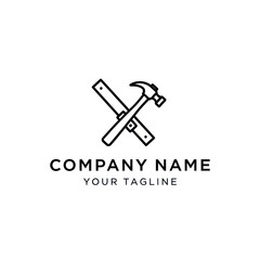 Minimalist Black and White Construction Company Logo with Crossed Hammer and Ruler Icon and Placeholder Text on White Background, Flat Vector Elements, Vector Illustration, Simple Vector, Stylized