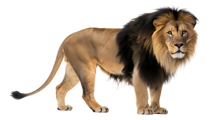 Obraz premium Majestic male lion with a full dark mane standing proudly and looking directly at the camera isolated on transparent background