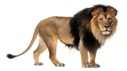 Majestic male lion with a full dark mane standing proudly and looking directly at the camera isolated on transparent background