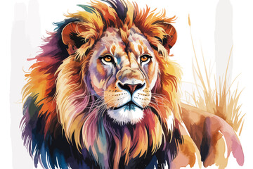 Fototapeta premium Majestic Watercolor Lion PortraitVibrant Wild Lion Painting ArtColorful Safari King Illustration