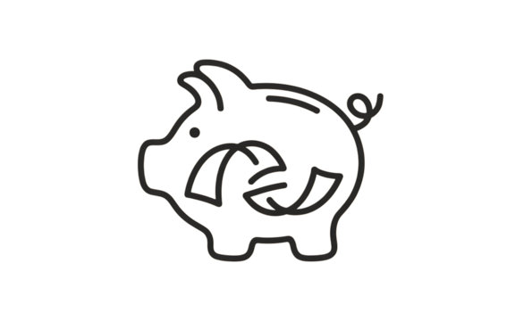 Piggy bank with money inside isolated on transparent background