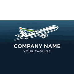 Modern Stylized Airplane Logo Graphic for Aviation and Travel Company Branding with Text on Dark Blue Background, Flat Vector Elements, Vector Illustration, Simple Vector, Stylized Vector Drawing,