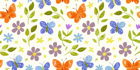 Whimsical seamless pattern with colorful butterflies and delicate flowers in a playful garden setting