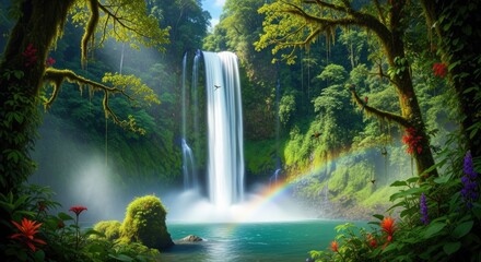 Majestic Waterfall Amidst Lush Rainforest with Rainbow and Exotic Birds