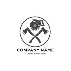 Monochrome Woodworking and Logging Tools Logo with Circular Saw, Hand Saw, and Crossed Axes on White Background, Flat Vector Elements, Vector Illustration, Simple Vector, Stylized Vector Drawing,