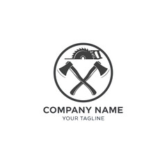 Monochrome Woodworking and Carpentry Logo Design Featuring Crossed Axes, Circular Saw, and Hand Saw in a Circular Frame, with Customizable Company Name and Tagline on White Background, Flat Vector