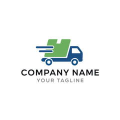 Modern Blue Delivery Truck Logo with Green Package and Speed Lines on White Background for Logistics, Shipping, and E-commerce Branding, Flat Vector Elements, Vector Illustration, Simple Vector,