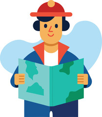 Cartoon traveler with a map planning a trip adventure exploration
