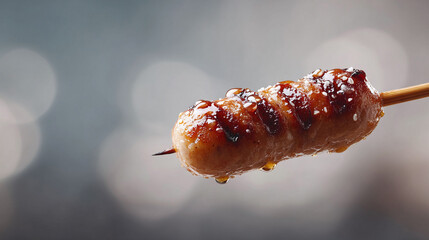 Delicious grilled sausage skewer, glistening with sweet glaze and sesame seeds. A tempting appetizer or street food shot. Perfect for menus or food blogs.