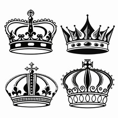 Four detailed black and white crown illustrations royal