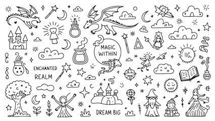 A whimsical collection of hand-drawn fairytale elements including dragons castles witches and magic wands perfect for childrens book illustrations creating enchanting digital art or designing whimsica