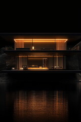 Modern house with glowing interior by the lake at night, showcasing elegant design and tranquil surroundings