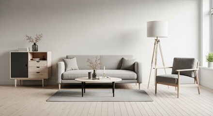 Minimalist Living Room Interior: Modern Furniture, Neutral Tones, and Natural Light.