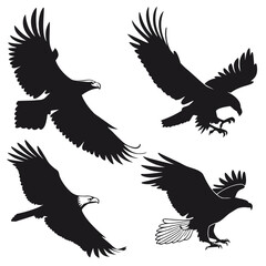 Four Silhouette Eagles In Flight On White Background