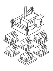 Fototapeta premium Illustration of a power plant connected to houses with solar panels