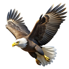 Obraz premium Majestic bald eagle in flight with wings spread wide detailed feathers and intense gaze isolated on transparent background