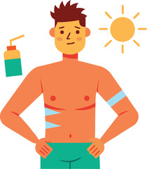 Man with sunburn and tan lines after sunbathing with sunscreen nearby