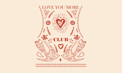 Jacket back print design. Dove bird print design. Valentine heart graphic print design. Heart line drawing. Love day artwork.	