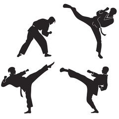 Four Silhouettes Of Men In Karate Poses With Kicks