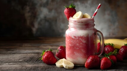 A refreshing strawberry banana smoothie in a mason jar garnished with fresh fruit on a rustic wooden table