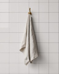 Fototapeta premium Linen Towel Hanging on Brass Hook Against White Tiled Wall
