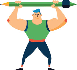 Strong Cartoon Man Lifting a Large Pencil Over His Head Illustration