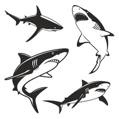 Four Stylized Shark Silhouettes in Dynamic Poses sharks