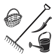 Garden Tools and Basket Silhouette Collection Keywords: garden, tools, basket, watering can