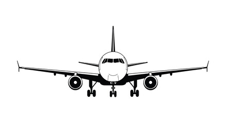 Front view of a commercial passenger airplane in simple black and white