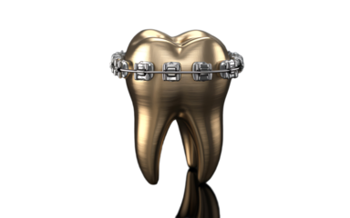 Golden tooth with braces isolated on transparent background