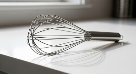 Modern Stainless Steel Whisk with Elegant Reflection on White Kitchen Surface, Bathed in Soft Light