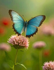Obraz premium Vibrant blue butterfly on pink flower