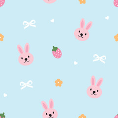 Cute Bunny and Strawberry Pastel Sky Blue Pattern