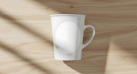 Minimalist White Mug Mockup with Sunlight and Wooden Texture