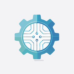 A blue gear icon with an integrated circuit board design, symbolizing technology and automation.