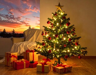 Christmas tree decorated with gifts, warm sunset view