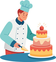 Chef preparing a three tier cake with frosting and fruit topping
