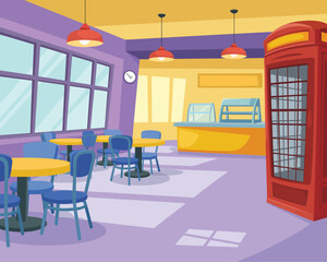Digital illustration of a vibrant cafe interior, featuring tables, chairs, and a telephone booth, with a welcoming atmosphere