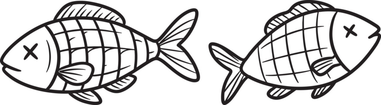 Two dead fish drawn in a simple silhouette style