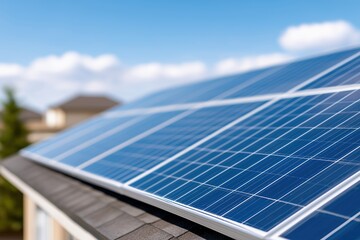 Obraz premium Solar Panels on Rooftop Under Clear Sky